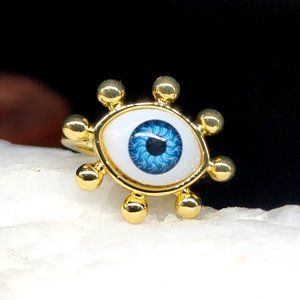 14 kt GOLD PLATED RING SUN BLUE EYE PROTECTIVE SPELL Jewelry